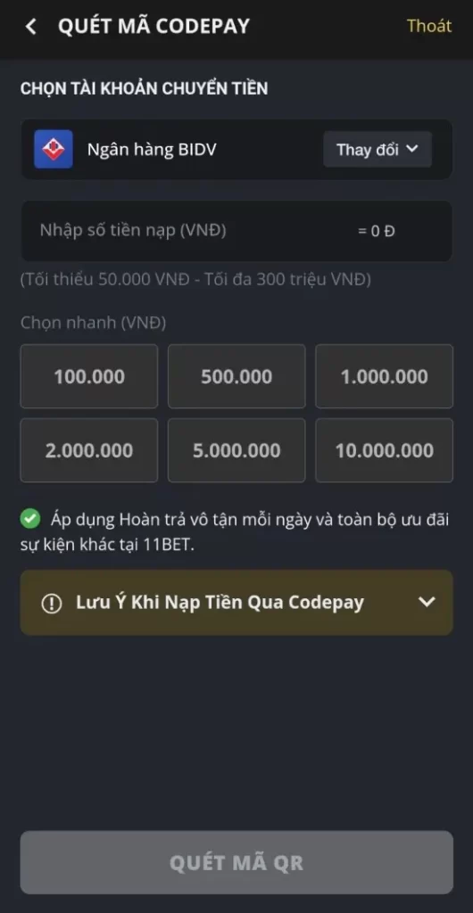 Nạp tiền vào 11BET